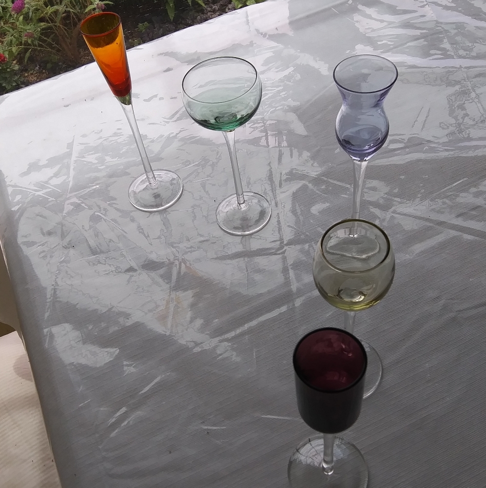 Set of 5 "Jelly Bean" colored Apertiff glasses, 3 at 6 1/2" tall and 2 at 5 1/2"